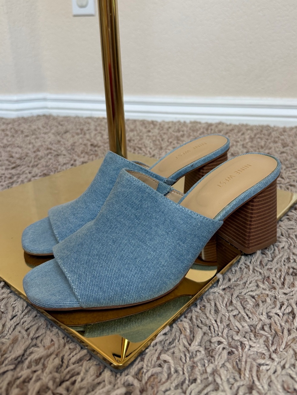 Nine West Light Blue Denim Block Heel Mules
